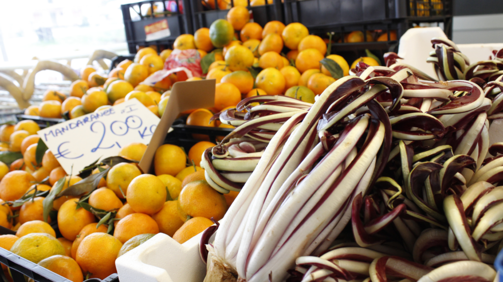 2 bancali di frutta e verdura di Ale Fresh Market, si vede in primo piano il radicchio tradivo e dietro i mandarini